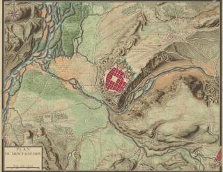 Plan du projet de Vauban pour Mont-Dauphin en 1700, dans Cartes des environs de plusieurs places [entre les Alpes et la Méditerranée et les côtes de la Méditerranée et de la Manche, s. l., 1700, t. 12e, pl. 5, gallica.bnf.fr / BNF.