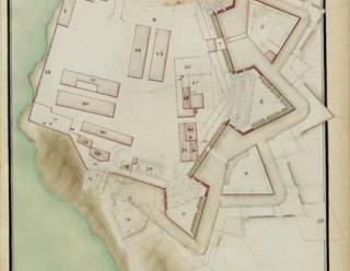 Fort Sainte-Marguerite, plan de 1693, dans Recueil des plans des places du Royaume, divisé par provinces, faits en l’an 1693, vol. 2, pl. 15, gallica.bnf.fr / Bibliothèque nationale de France.